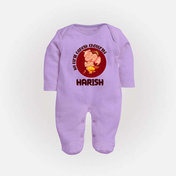 Little Ganesha Sleep Suit / Full Sleeve Body Suit | Custom Baby Sleep Suit / Full Sleeve Body Suit for First Ganesh Chaturthi Celebration - LILAC - New Born (Chest 7.5")