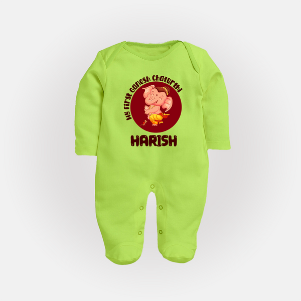 Little Ganesha Sleep Suit / Full Sleeve Body Suit | Custom Baby Sleep Suit / Full Sleeve Body Suit for First Ganesh Chaturthi Celebration - LIME GREEN - New Born (Chest 7.5")