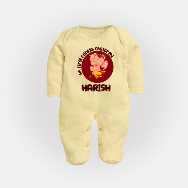 Little Ganesha Sleep Suit / Full Sleeve Body Suit | Custom Baby Sleep Suit / Full Sleeve Body Suit for First Ganesh Chaturthi Celebration - PASTEL YELLOW - New Born (Chest 7.5")