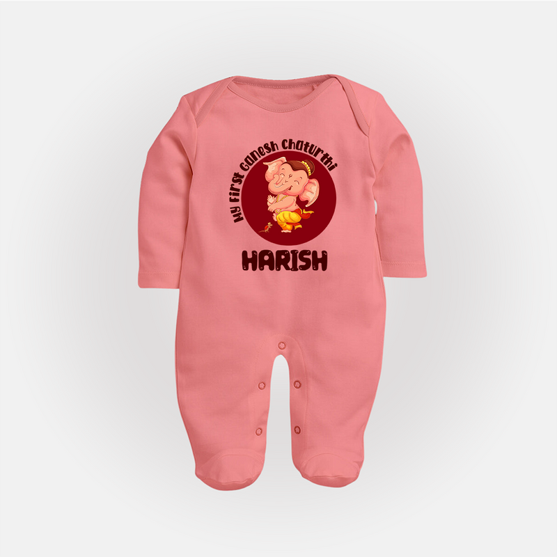 Little Ganesha Sleep Suit / Full Sleeve Body Suit | Custom Baby Sleep Suit / Full Sleeve Body Suit for First Ganesh Chaturthi Celebration - PEACH - New Born (Chest 7.5")
