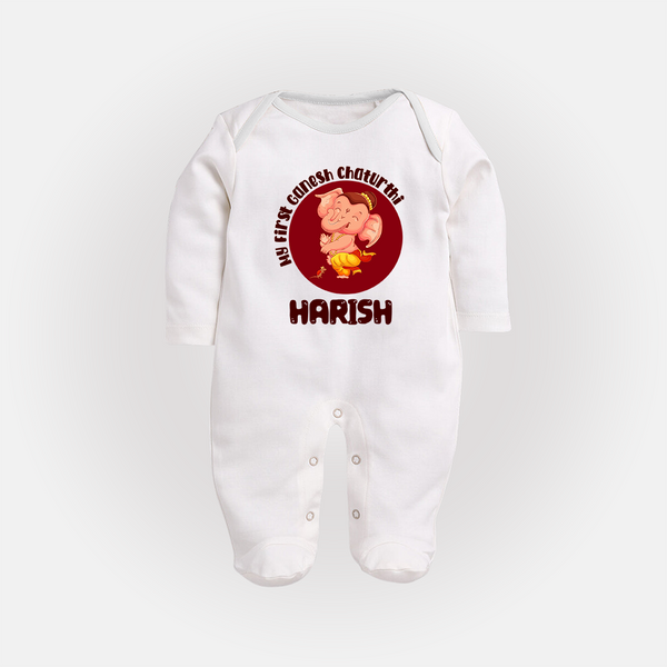 Little Ganesha Sleep Suit / Full Sleeve Body Suit | Custom Baby Sleep Suit / Full Sleeve Body Suit for First Ganesh Chaturthi Celebration - WHITE - New Born (Chest 7.5")