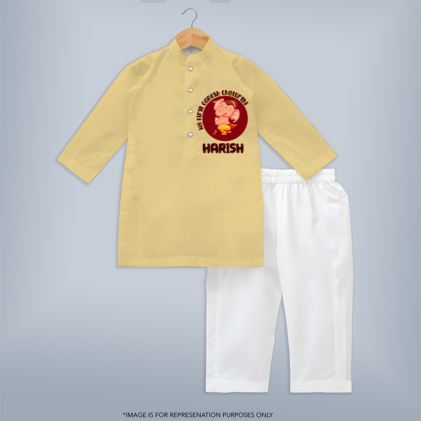 Little Ganesha Kurta Set | Custom Baby Kurta Set for First Ganesh Chaturthi Celebration - PASTEL YELLOW - 3 - 6 Months Old (Chest 24", Kurta Length 14'', Waist 19", Pant Length 14")
