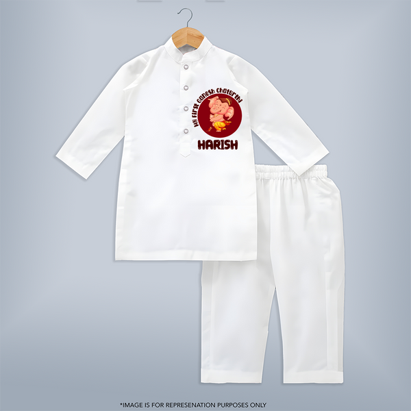 Little Ganesha Kurta Set | Custom Baby Kurta Set for First Ganesh Chaturthi Celebration - WHITE - 3 - 6 Months Old (Chest 24", Kurta Length 14'', Waist 19", Pant Length 14")