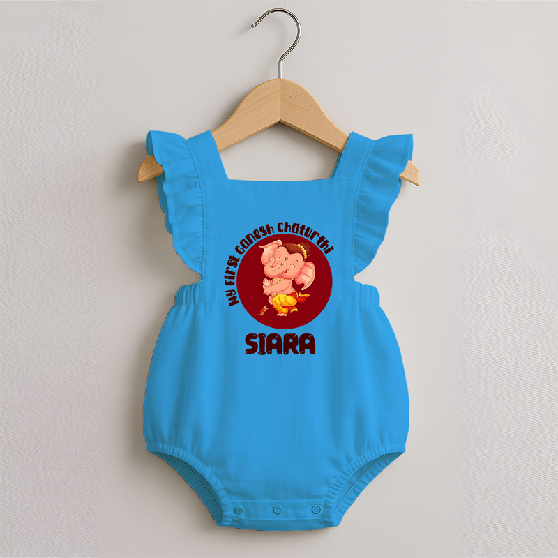 Little Ganesha Romper Frock | Custom Baby Romper Frock for First Ganesh Chaturthi Celebration - SKY BLUE - 0 - 3 Months Old (Chest 19")