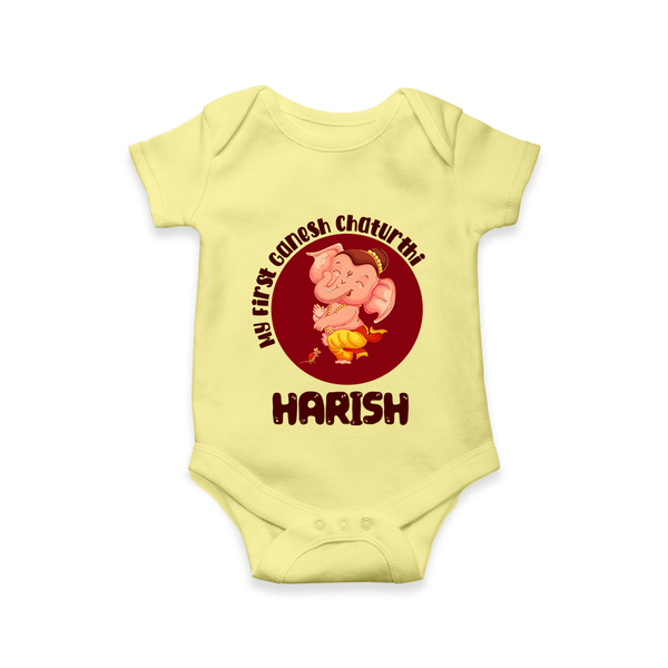 Little Ganesha Romper / Onesie | Custom Baby Romper / Onesie for First Ganesh Chaturthi Celebration - PASTEL YELLOW - New Born (Chest 14")