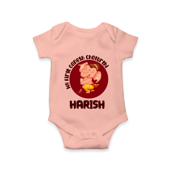 Little Ganesha Romper / Onesie | Custom Baby Romper / Onesie for First Ganesh Chaturthi Celebration - PEACH - New Born (Chest 14")
