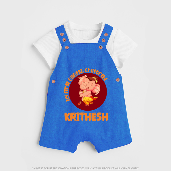 Little Ganesha Dungaree Set | Custom Baby Dungaree Set for First Ganesh Chaturthi Celebration - COBALT BLUE - 0 - 5 Months Old (Chest 18")
