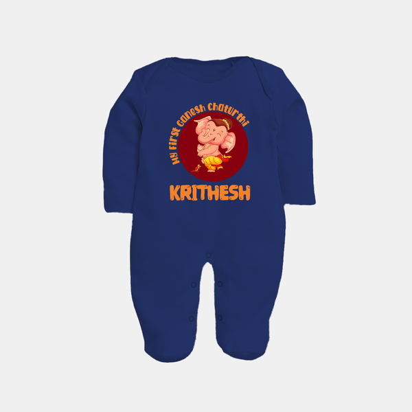 Little Ganesha Sleep Suit / Full Sleeve Body Suit | Custom Baby Sleep Suit / Full Sleeve Body Suit for First Ganesh Chaturthi Celebration - NAVY BLUE - New Born (Chest 7.5")