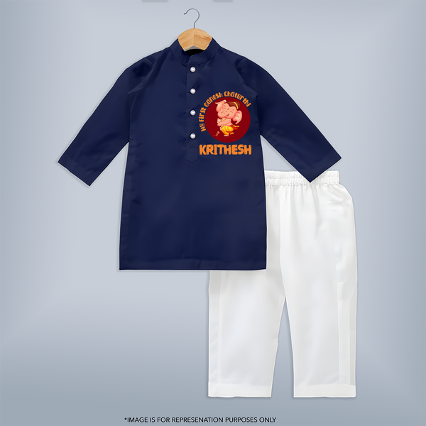 Little Ganesha Kurta Set | Custom Baby Kurta Set for First Ganesh Chaturthi Celebration - NAVY BLUE - 3 - 6 Months Old (Chest 24", Kurta Length 14'', Waist 19", Pant Length 14")