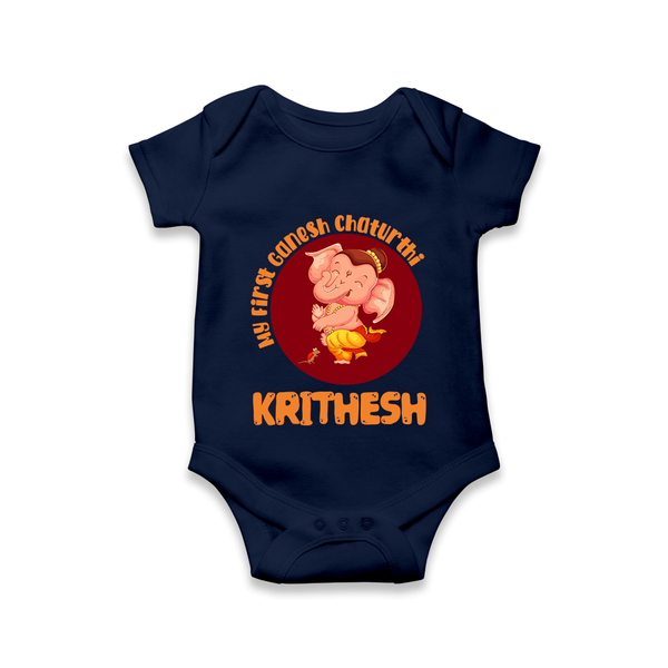 Little Ganesha Romper / Onesie | Custom Baby Romper / Onesie for First Ganesh Chaturthi Celebration - NAVY BLUE - New Born (Chest 14")