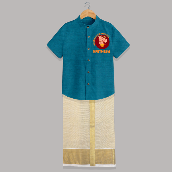 Little Ganesha Shirt And Dhoti | Custom Baby Shirt And Dhoti for First Ganesh Chaturthi Celebration - PEACOCK BLUE - 0 - 6 Months Old (Chest-23") (Dhoti length-14")