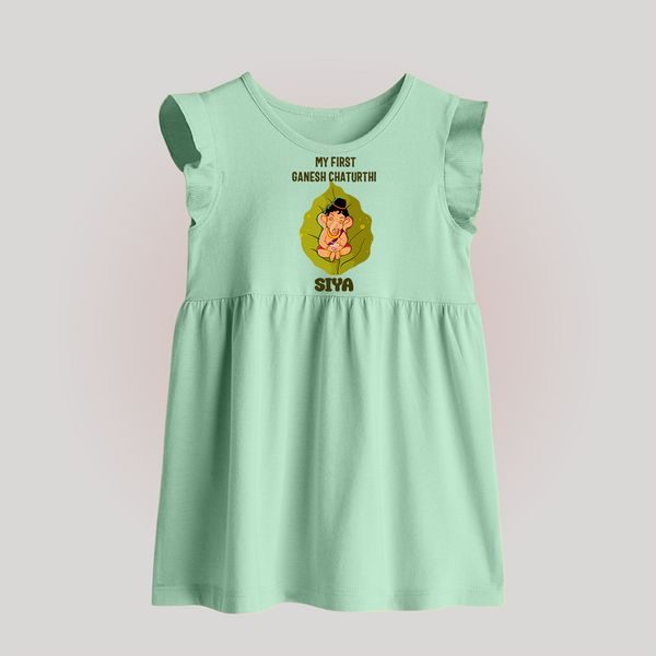 My First Ganesh Baby Frock | Personalized Baby Frock for Ganesh Chaturthi Festival - MINT GREEN - 0 - 3 Months Old (Chest 17")