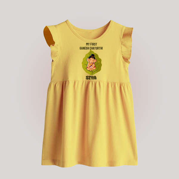 My First Ganesh Baby Frock | Personalized Baby Frock for Ganesh Chaturthi Festival - PASTEL YELLOW - 0 - 3 Months Old (Chest 17")