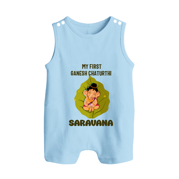 My First Ganesh Romper Suit / Sleeveless Romper | Personalized Romper Suit / Sleeveless Romper for Ganesh Chaturthi Festival - BABY BLUE - 0 - 5 Months Old (Chest 18")