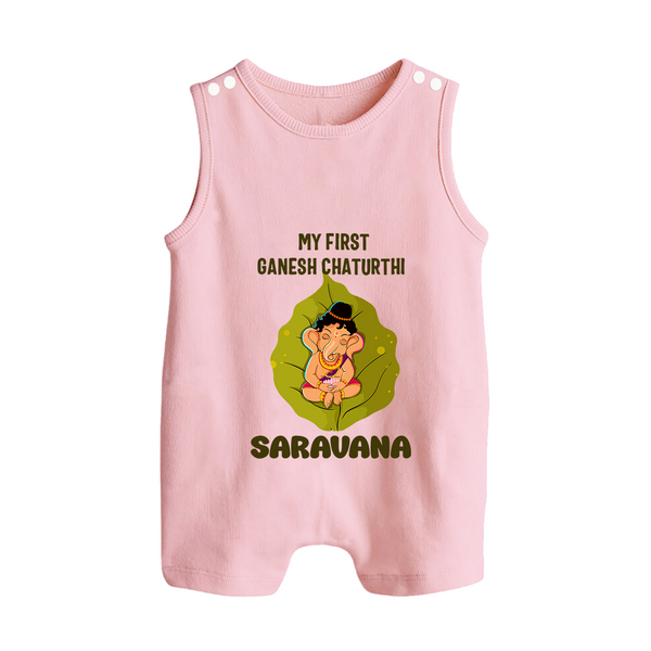 My First Ganesh Romper Suit / Sleeveless Romper | Personalized Romper Suit / Sleeveless Romper for Ganesh Chaturthi Festival - BABY PINK - 0 - 5 Months Old (Chest 18")
