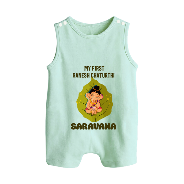 My First Ganesh Romper Suit / Sleeveless Romper | Personalized Romper Suit / Sleeveless Romper for Ganesh Chaturthi Festival - MINT GREEN - 0 - 5 Months Old (Chest 18")
