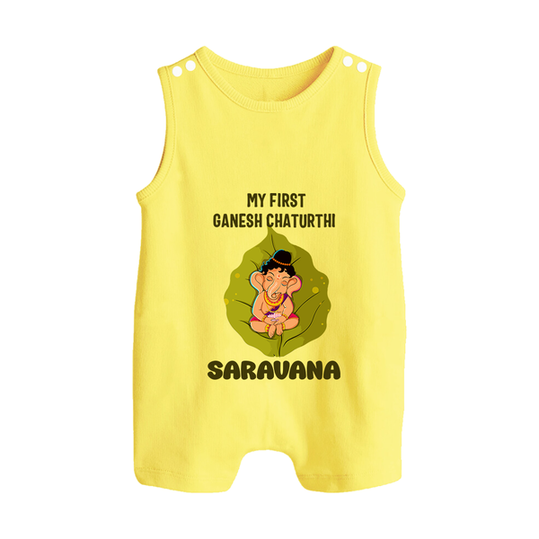 My First Ganesh Romper Suit / Sleeveless Romper | Personalized Romper Suit / Sleeveless Romper for Ganesh Chaturthi Festival - PASTEL YELLOW - 0 - 5 Months Old (Chest 18")