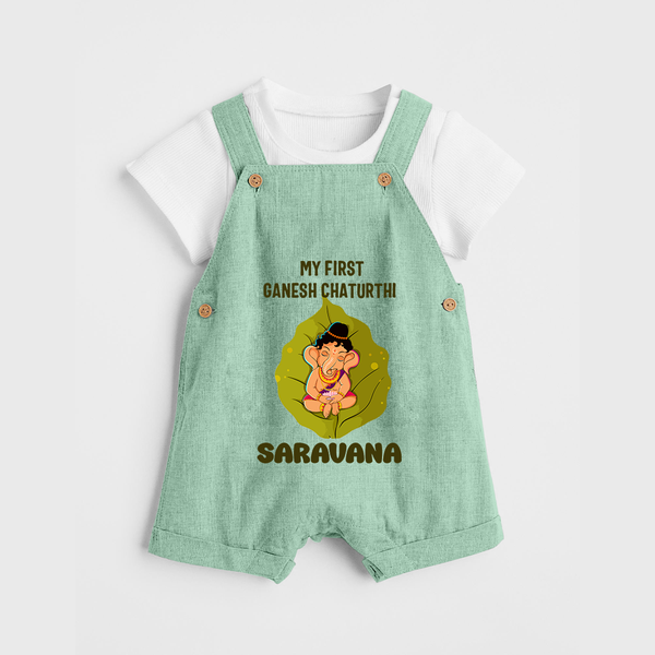 My First Ganesh Dungaree Set | Personalized Dungaree Set for Ganesh Chaturthi Festival - MINT GREEN - 0 - 5 Months Old (Chest 18")