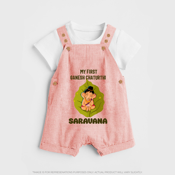 My First Ganesh Dungaree Set | Personalized Dungaree Set for Ganesh Chaturthi Festival - PEACH - 0 - 5 Months Old (Chest 18")
