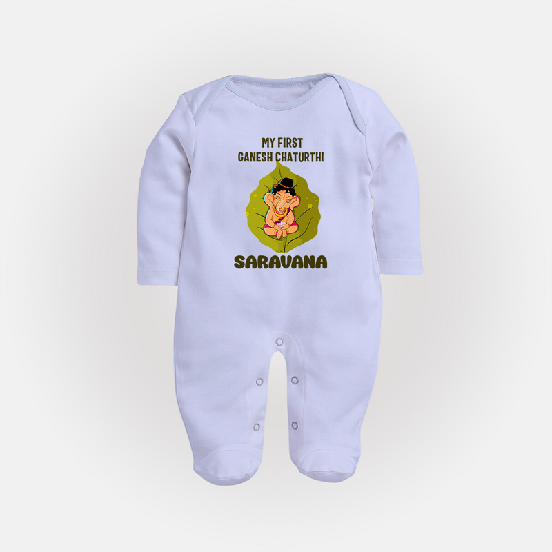 My First Ganesh Sleep Suit / Full Sleeve Body Suit | Personalized Sleep Suit / Full Sleeve Body Suit for Ganesh Chaturthi Festival - BABY BLUE - New Born (Chest 7.5")