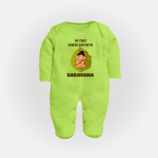 My First Ganesh Sleep Suit / Full Sleeve Body Suit | Personalized Sleep Suit / Full Sleeve Body Suit for Ganesh Chaturthi Festival - LIME GREEN - New Born (Chest 7.5")