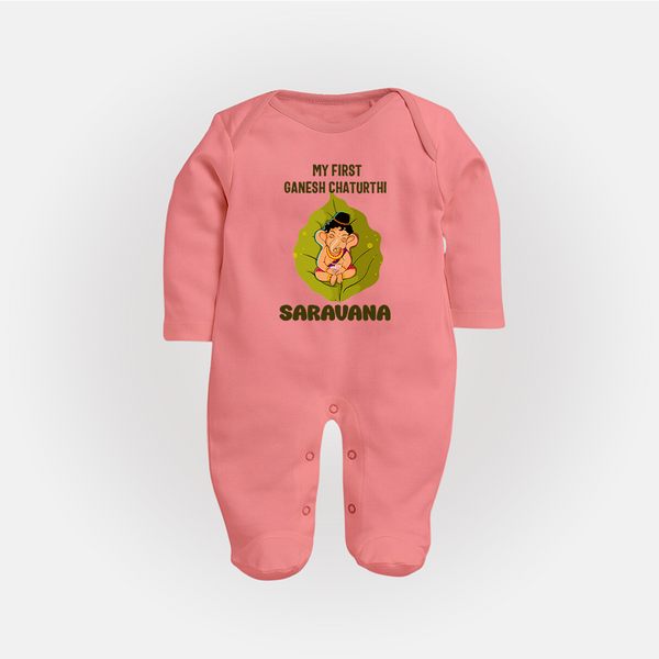 My First Ganesh Sleep Suit / Full Sleeve Body Suit | Personalized Sleep Suit / Full Sleeve Body Suit for Ganesh Chaturthi Festival - PEACH - New Born (Chest 7.5")