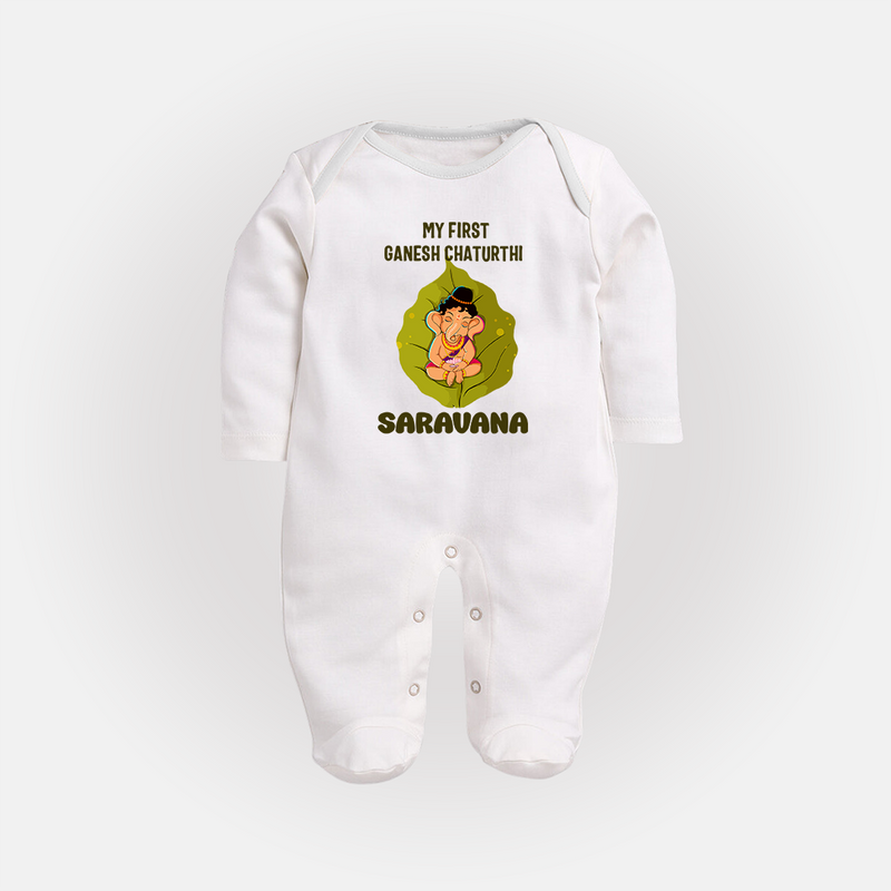My First Ganesh Sleep Suit / Full Sleeve Body Suit | Personalized Sleep Suit / Full Sleeve Body Suit for Ganesh Chaturthi Festival - WHITE - New Born (Chest 7.5")