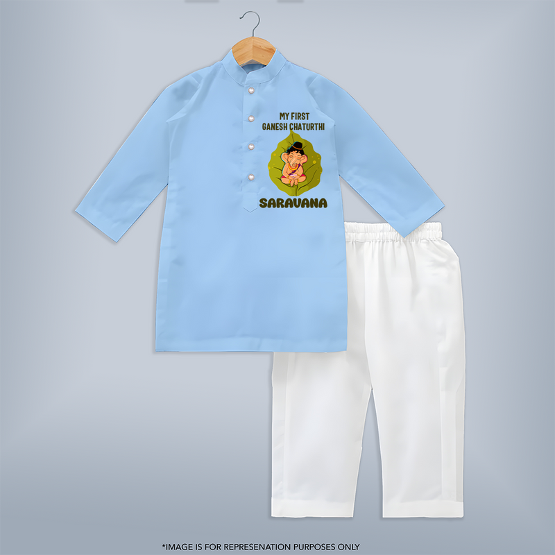 My First Ganesh Kurta Set | Personalized Kurta Set for Ganesh Chaturthi Festival - BABY BLUE - 3 - 6 Months Old (Chest 24", Kurta Length 14'', Waist 19", Pant Length 14")