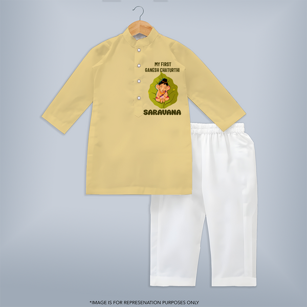 My First Ganesh Kurta Set | Personalized Kurta Set for Ganesh Chaturthi Festival - PASTEL YELLOW - 3 - 6 Months Old (Chest 24", Kurta Length 14'', Waist 19", Pant Length 14")
