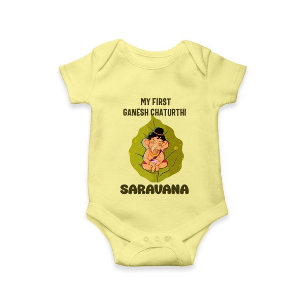 My First Ganesh Romper / Onesie | Personalized Romper / Onesie for Ganesh Chaturthi Festival - PASTEL YELLOW - New Born (Chest 14")