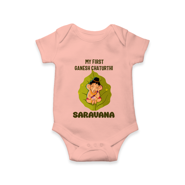 My First Ganesh Romper / Onesie | Personalized Romper / Onesie for Ganesh Chaturthi Festival - PEACH - New Born (Chest 14")