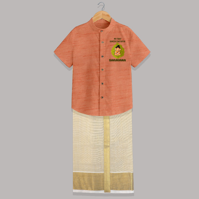 My First Ganesh Shirt And Dhoti | Personalized Shirt And Dhoti for Ganesh Chaturthi Festival - ORANGE - 0 - 6 Months Old (Chest-23") (Dhoti length-14")