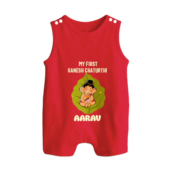 My First Ganesh Romper Suit / Sleeveless Romper | Personalized Romper Suit / Sleeveless Romper for Ganesh Chaturthi Festival - RED - 0 - 5 Months Old (Chest 18")