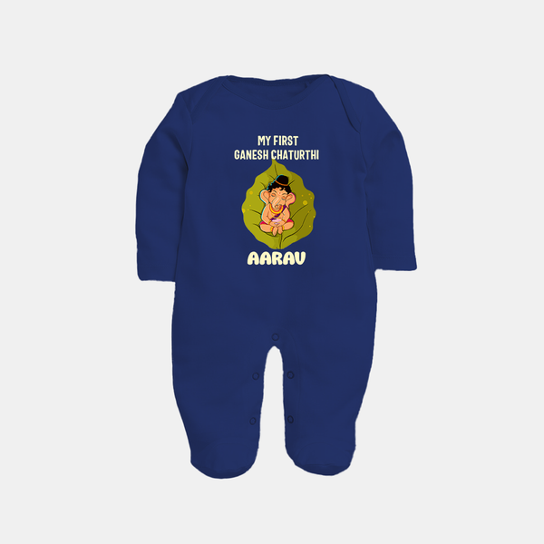 My First Ganesh Sleep Suit / Full Sleeve Body Suit | Personalized Sleep Suit / Full Sleeve Body Suit for Ganesh Chaturthi Festival - NAVY BLUE - New Born (Chest 7.5")