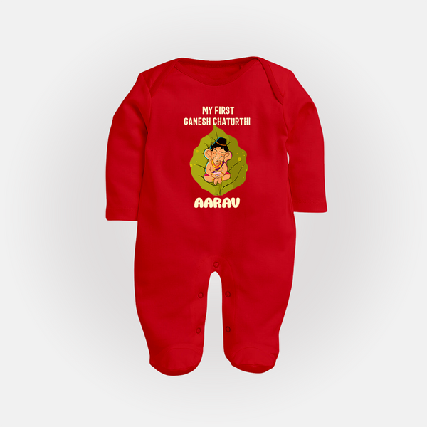 My First Ganesh Sleep Suit / Full Sleeve Body Suit | Personalized Sleep Suit / Full Sleeve Body Suit for Ganesh Chaturthi Festival - RED - New Born (Chest 7.5")