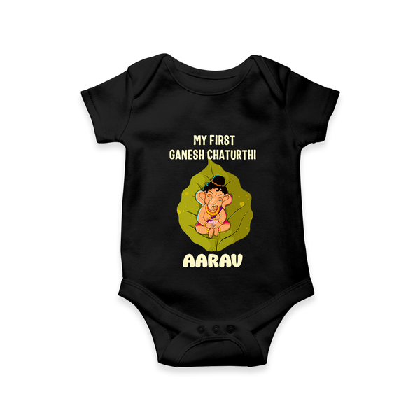 My First Ganesh Romper / Onesie | Personalized Romper / Onesie for Ganesh Chaturthi Festival - BLACK - New Born (Chest 14")