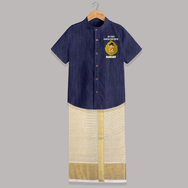 My First Ganesh Shirt And Dhoti | Personalized Shirt And Dhoti for Ganesh Chaturthi Festival - DARK BLUE - 0 - 6 Months Old (Chest-23") (Dhoti length-14")