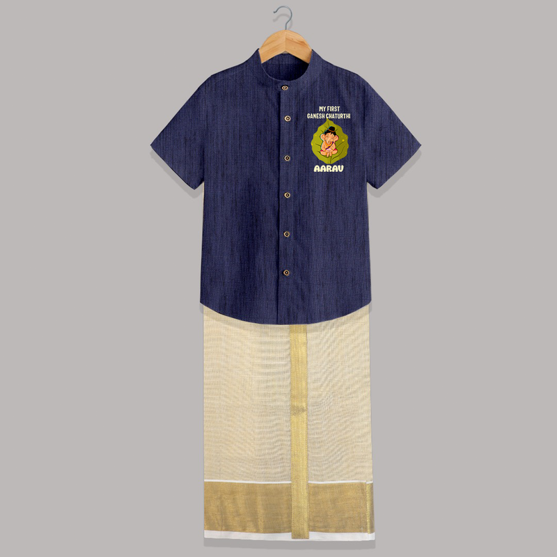 My First Ganesh Shirt And Dhoti | Personalized Shirt And Dhoti for Ganesh Chaturthi Festival - DARK BLUE - 0 - 6 Months Old (Chest-23") (Dhoti length-14")