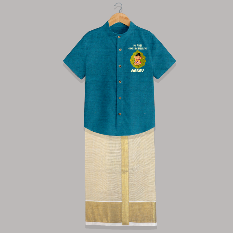 My First Ganesh Shirt And Dhoti | Personalized Shirt And Dhoti for Ganesh Chaturthi Festival - PEACOCK BLUE - 0 - 6 Months Old (Chest-23") (Dhoti length-14")