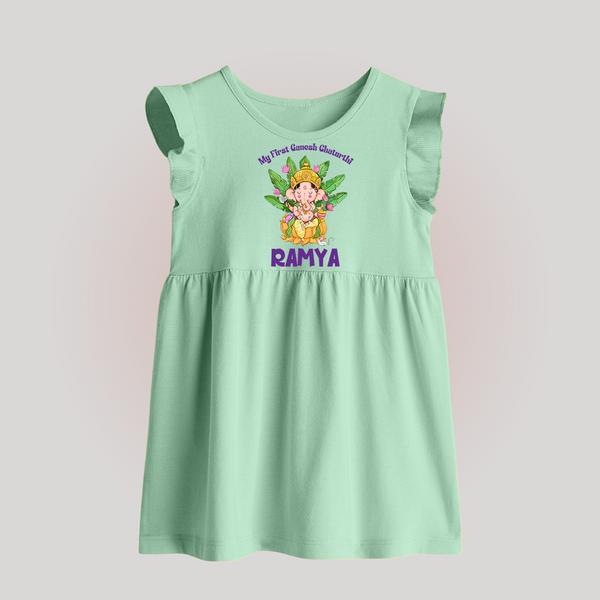 Ganesh Chaturthi Baby's First Baby Frock | Custom Baby Frock for the Festival of Ganesha - MINT GREEN - 0 - 3 Months Old (Chest 17")