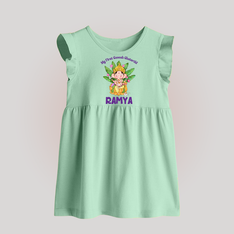 Ganesh Chaturthi Baby's First Baby Frock | Custom Baby Frock for the Festival of Ganesha - MINT GREEN - 0 - 3 Months Old (Chest 17")