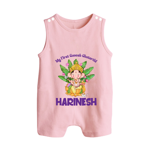 Ganesh Chaturthi Baby's First Romper Suit / Sleeveless Romper | Custom Romper Suit / Sleeveless Romper for the Festival of Ganesha - BABY PINK - 0 - 5 Months Old (Chest 18")