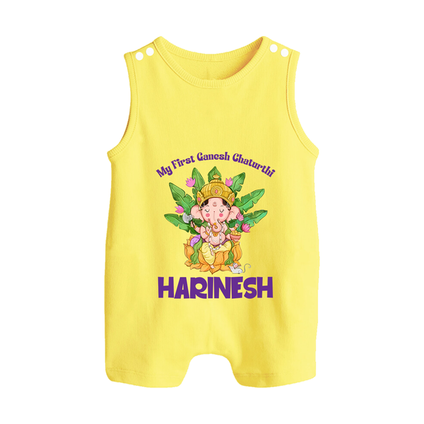 Ganesh Chaturthi Baby's First Romper Suit / Sleeveless Romper | Custom Romper Suit / Sleeveless Romper for the Festival of Ganesha - PASTEL YELLOW - 0 - 5 Months Old (Chest 18")