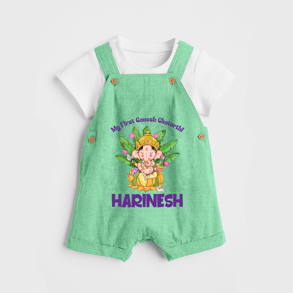 Ganesh Chaturthi Baby's First Dungaree Set | Custom Dungaree Set for the Festival of Ganesha - GREEN - 0 - 5 Months Old (Chest 18")