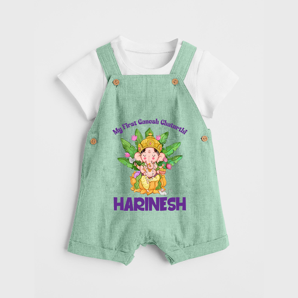 Ganesh Chaturthi Baby's First Dungaree Set | Custom Dungaree Set for the Festival of Ganesha - MINT GREEN - 0 - 5 Months Old (Chest 18")