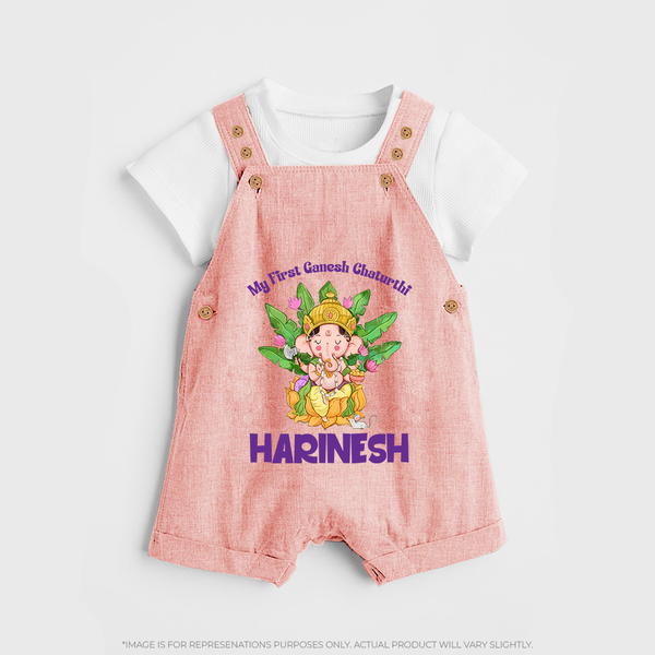 Ganesh Chaturthi Baby's First Dungaree Set | Custom Dungaree Set for the Festival of Ganesha - PEACH - 0 - 5 Months Old (Chest 18")