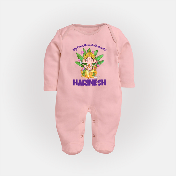 Ganesh Chaturthi Baby's First Sleep Suit / Full Sleeve Body Suit | Custom Sleep Suit / Full Sleeve Body Suit for the Festival of Ganesha - BABY PINK - New Born (Chest 7.5")