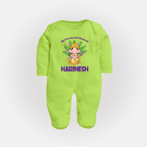 Ganesh Chaturthi Baby's First Sleep Suit / Full Sleeve Body Suit | Custom Sleep Suit / Full Sleeve Body Suit for the Festival of Ganesha - LIME GREEN - New Born (Chest 7.5")