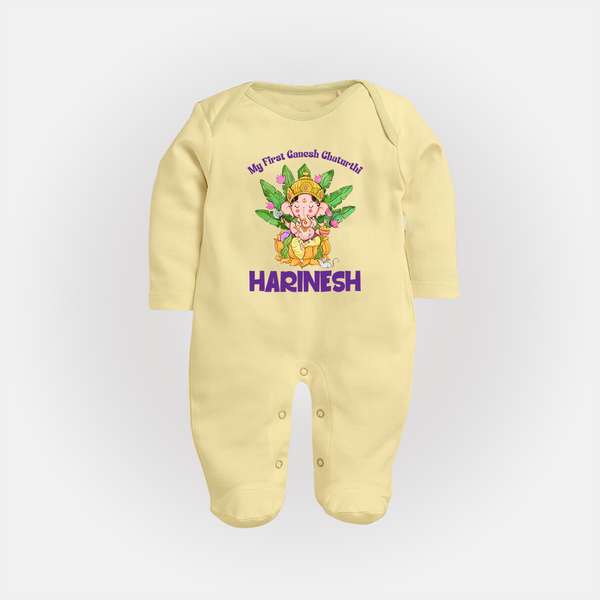 Ganesh Chaturthi Baby's First Sleep Suit / Full Sleeve Body Suit | Custom Sleep Suit / Full Sleeve Body Suit for the Festival of Ganesha - PASTEL YELLOW - New Born (Chest 7.5")