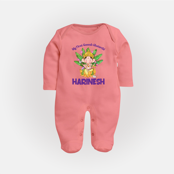 Ganesh Chaturthi Baby's First Sleep Suit / Full Sleeve Body Suit | Custom Sleep Suit / Full Sleeve Body Suit for the Festival of Ganesha - PEACH - New Born (Chest 7.5")